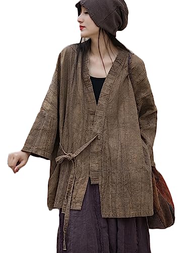 NFYM Damen Langarm Open Front Kimono Hanten Jacke Baumwolle Leinen Vintage Tie Dye Hanfu Selbstbinden Cardigan Oberbekleidung, Braun, Einheitsgröße von NFYM