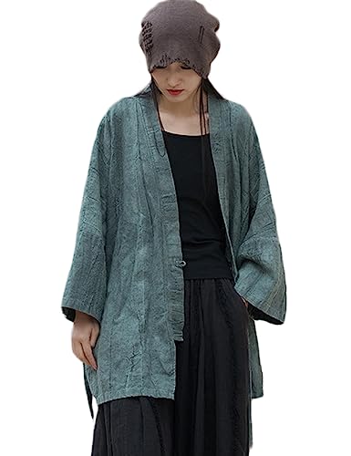 NFYM Damen Langarm Open Front Kimono Hanten Jacke Baumwolle Leinen Vintage Tie Dye Hanfu Selbstbinden Cardigan Oberbekleidung, Grün , Einheitsgröße von NFYM