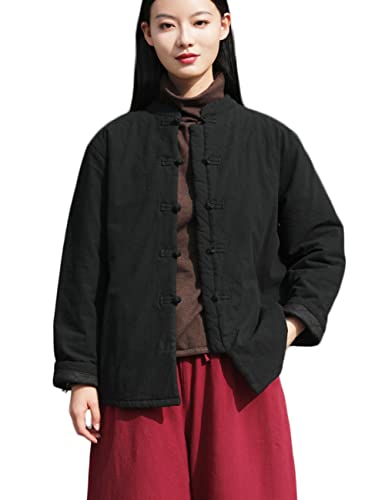 NFYM Damen Leichte Baumwolle Gepolsterte Mäntel Baumwolle Leinen Chinesischer Tang Anzug Stil Morgen Übung Tai Chi Jacken, schwarz, Einheitsgröße von NFYM