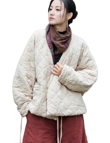 NFYM Damen Leichte Baumwolle Gesteppte Wickelmantel Cardigan Tie Up Open Front Warme Jacke mit Tasche, Leinen, Einheitsgröße von NFYM