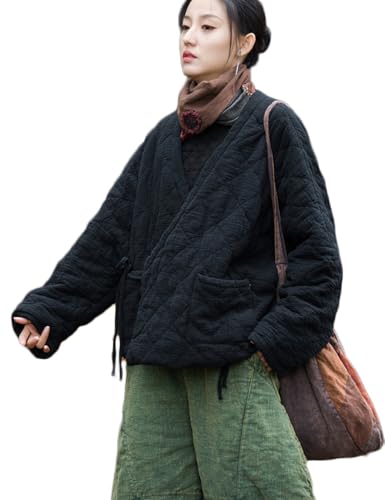 NFYM Damen Leichte Baumwolle Gesteppte Wickelmantel Cardigan Tie Up Open Front Warme Jacke mit Tasche, Schwarz, Einheitsgröße von NFYM