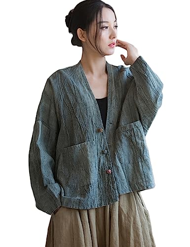 NFYM Damen Leichte Baumwolle Leinen Vintage Tie Dye Loose Fit Open Front Kimono Cardigan Jacke Outwear, Grün , Einheitsgröße von NFYM