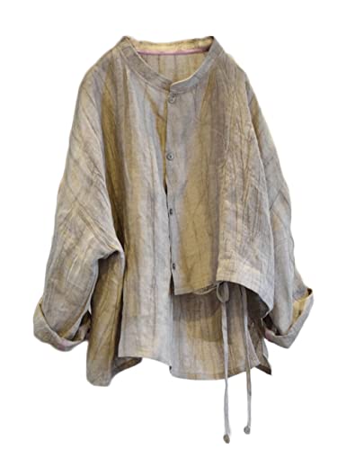 NFYM Damen Leinen Asymmetrisch Hemd Top Unregelmäßiger Saum Krawatte Retro Stehkragen Knopf Bluse Shirts, Khaki, Einheitsgröße von NFYM