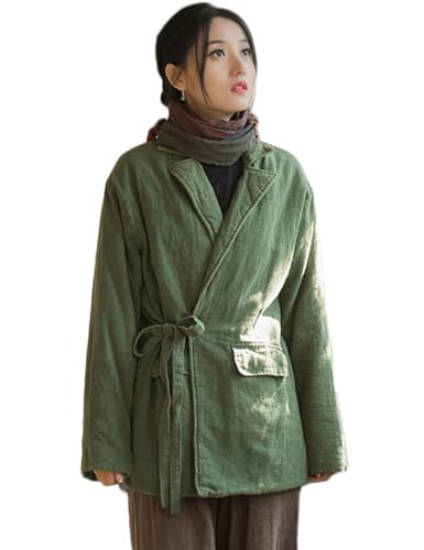 NFYM Damen Leinenanzug Steppmantel Jacken Blazer Revers Herbst Winter Wrap Krawatte vorne lose Oberbekleidung, Grün , Einheitsgröße von NFYM