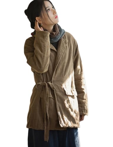 NFYM Damen Leinenanzug Steppmantel Jacken Blazer Revers Herbst Winter Wrap Krawatte vorne lose Oberbekleidung, Kaffee, Einheitsgröße von NFYM