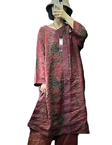 NFYM Damen Leinenkleid Langarm Retro Tunika Kleider Ethno Floral Gedruckt Patchwork Kleidung, dunkelrot, Einheitsgröße von NFYM