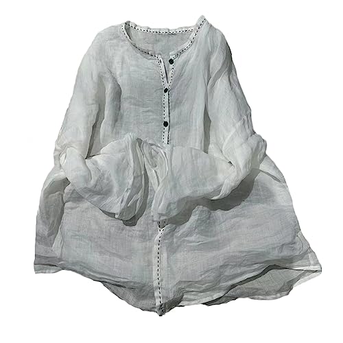 NFYM Damen Ramie Leinen Sheer Button Down Shirt Casual Langarm Loose Fit Art Retro Hemd Bluse, Weiss/opulenter Garten, Einheitsgröße von NFYM