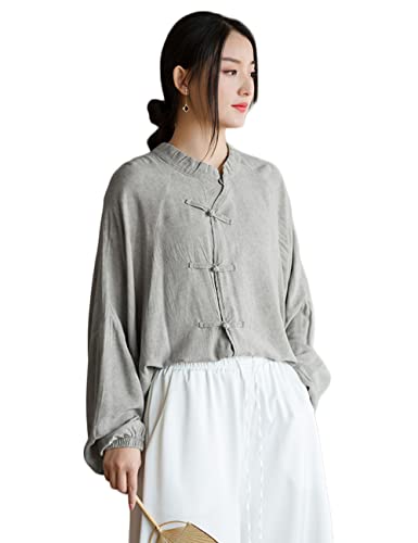 NFYM Damen Retro Button-Down-Shirt, vorne offen, lange Ärmel, chinesischer Stil, lockere Passform, Tang-Anzug, Bluse, Tops, GRAU, Einheitsgröße von NFYM
