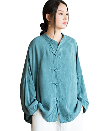 NFYM Damen Retro Button-Down-Shirt, vorne offen, lange Ärmel, chinesischer Stil, lockere Passform, Tang-Anzug, Bluse, Tops, Seeblau, Einheitsgröße von NFYM