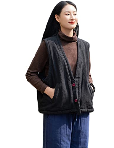 NFYM Damen Steppweste Vintage Baumwolle Leinen V-Ausschnitt Button Down Warm Gepolsterte Ärmellose Jacke Gilet, Schwarz, Einheitsgröße von NFYM