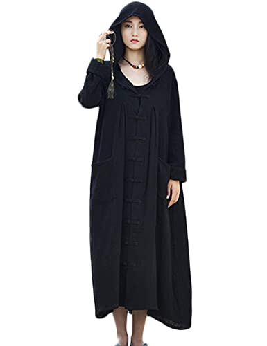 NFYM Damen Trenchcoat Kapuzenjacke Langarm Chinesischer Frosch Knopf Bequeme Baumwolle Outwear mit Tasche, Schwarz, Einheitsgröße von NFYM