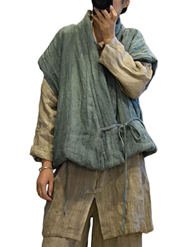 NFYM Damen Vintage Crop Unregelmäßige Wickelweste Leinen Weich Warm Gesteppt Ärmellos Jacke mit Tasche, Grün , Einheitsgröße von NFYM