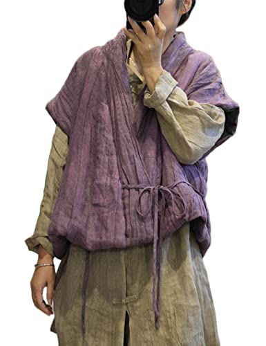 NFYM Damen Vintage Crop Unregelmäßige Wickelweste Leinen Weich Warm Gesteppt Ärmellos Jacke mit Tasche, Violett, Einheitsgröße von NFYM