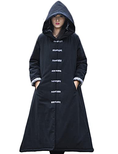 NFYM Damen Warm Gesteppt Lange Jacke Kapuze Frosch Button Down Hexe Robe Vintage Lange Oberbekleidung, schwarz, Einheitsgröße von NFYM