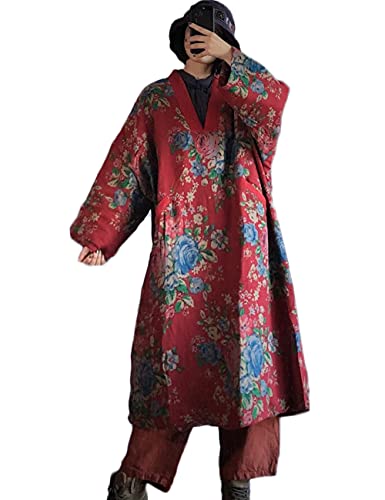 NFYM Damen Winterkleid Mantel Gesteppte Outwear Blume Gedruckt Hit Farbe V Ausschnitt Japanischer Stil Robe Lange Jacke Übergröße, dunkelrot, Einheitsgröße von NFYM