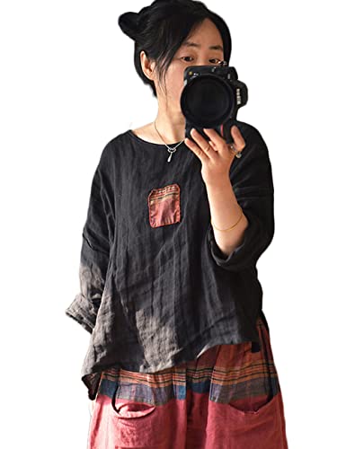 NFYM Damenbluse aus pflanzengefärbtem Leinen, einzigartiges Patch-Design, 3/4-Ärmel, Sommer-Top, Schwarz, Einheitsgröße von NFYM