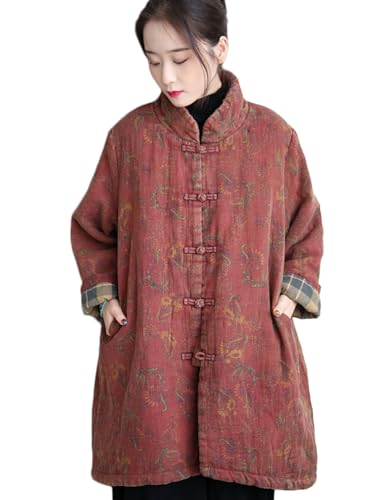 NFYM Frauen Baumwolle gepolsterte Mäntel mittellange lange lose gesteppte Kimono chinesischen Stil Winterjacken, Dunkelrot, Einheitsgröße von NFYM