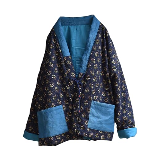 NFYM Frauen Chinesische Ethnische Nordosten Große Blume Steppjacke Patchwork Offene Front Weiche Baumwolle Gepolsterte Outwear, Marineblau, Einheitsgröße von NFYM