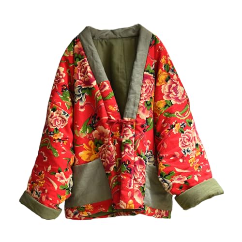 NFYM Frauen Chinesische Ethnische Nordosten Große Blume Steppjacke Patchwork Offene Front Weiche Baumwolle Gepolsterte Outwear, Rote Pfingstrose, Einheitsgröße von NFYM