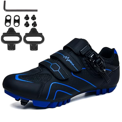 NGARY Fahrradschuhe MTB Herren, Mountainbike Schuhe kompatibel mit SPD 2 Schrauben mit Cleats, Unisex Radsportschuhe Draussen,Black Blue,43 EU von NGARY