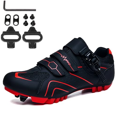 NGARY Fahrradschuhe MTB Herren, Mountainbike Schuhe kompatibel mit SPD 2 Schrauben mit Cleats, Unisex Radsportschuhe Draussen,Black red,46 EU von NGARY