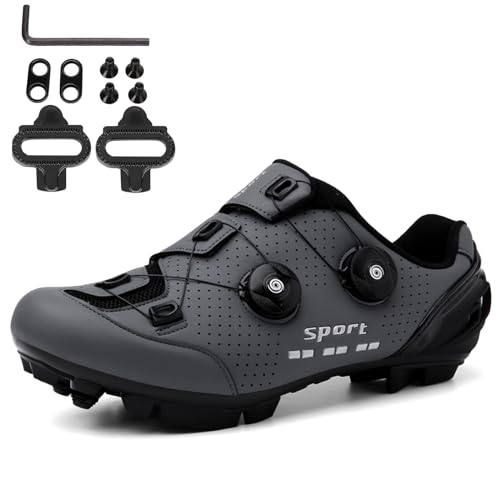 NGARY Herren MTB Schuhe Damen, Fahrradschuhe Mountainbike Schuhe kompatibel mit SPD 2 Schrauben mit Cleats, Rennrad Schuhe Entsperren Schuhe Unisex,Grau,43 EU von NGARY