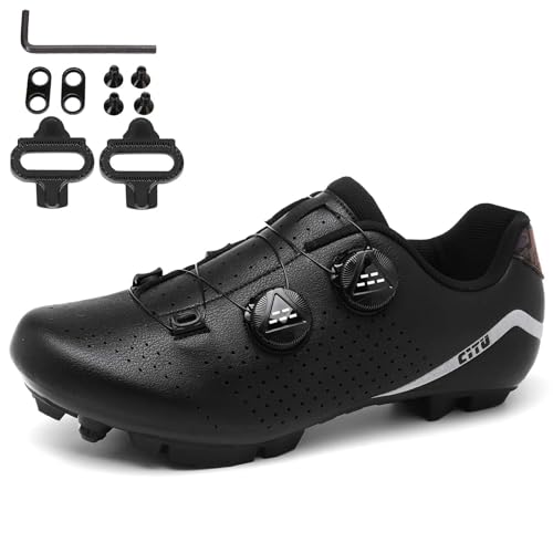 NGARY MTB Schuhe Fahrradschuhe Herren Damen kompatibel mit SPD 2 Schrauben mit Cleats, Mountainbike Schuhe Unisex Radsportschuhe Draussen,Schwarz,38 EU von NGARY