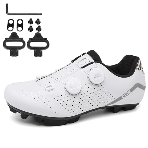 NGARY MTB Schuhe Fahrradschuhe Herren Damen kompatibel mit SPD 2 Schrauben mit Cleats, Mountainbike Schuhe Unisex Radsportschuhe Draussen,Weiß,42 EU von NGARY