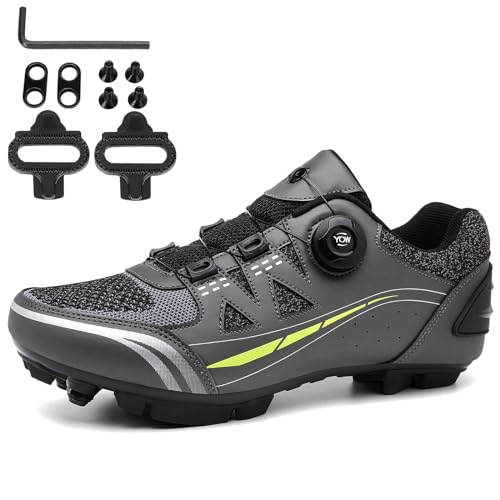 NGARY MTB Schuhe Herren Damen Fahrradschuhe Mountainbike Schuhe kompatibel mit SPD 2 Schrauben mit Cleats, Entsperren Schuhe Draussen,Grau,47 EU von NGARY