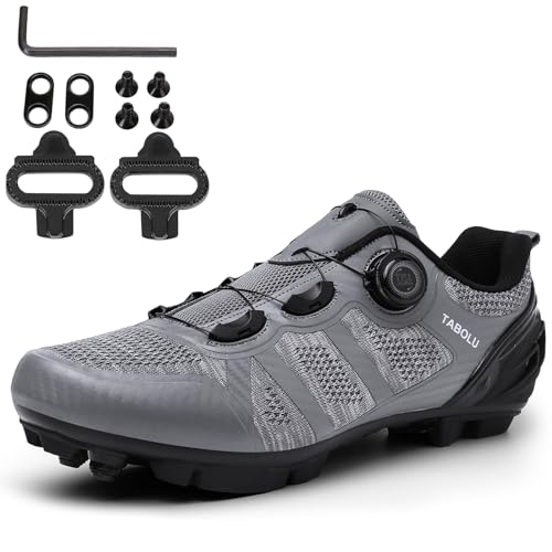 NGARY MTB Schuhe Herren Mountainbike Schuhe kompatibel mit SPD 2 Schrauben mit Cleats, Fahrradschuhe Unisex Radsportschuhe Draussen,Grau,47 EU von NGARY
