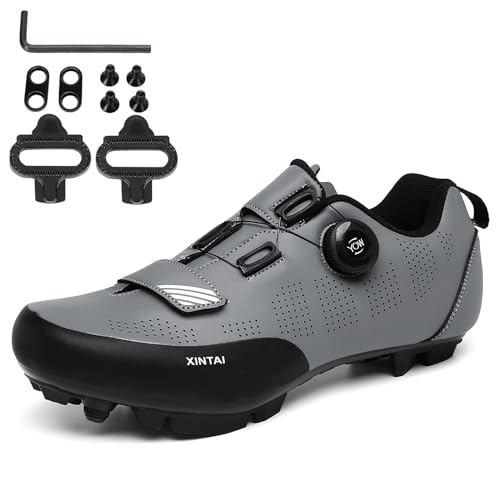 NGARY Mountainbike Schuhe für Herren Damen Fahrradschuhe MTB Schuhe kompatibel mit SPD 2 Schrauben mit Cleats, Radsportschuhe Draussen,Grau,43 EU von NGARY