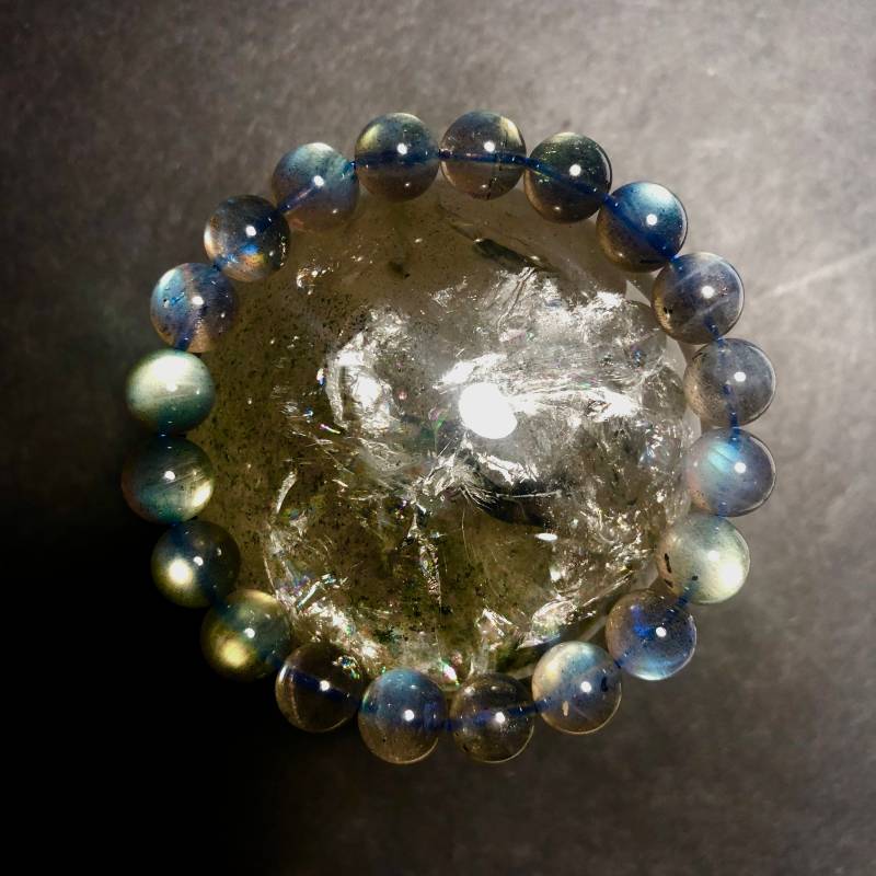 Armband - Grauer Mondstein Mit Regenbogen Und Blauem Blitz 9mmx16cm 25, 2G Glitzer Edelstein Labradorit Beziehung Amulett Perlen Unikat von NGNGNCrystal