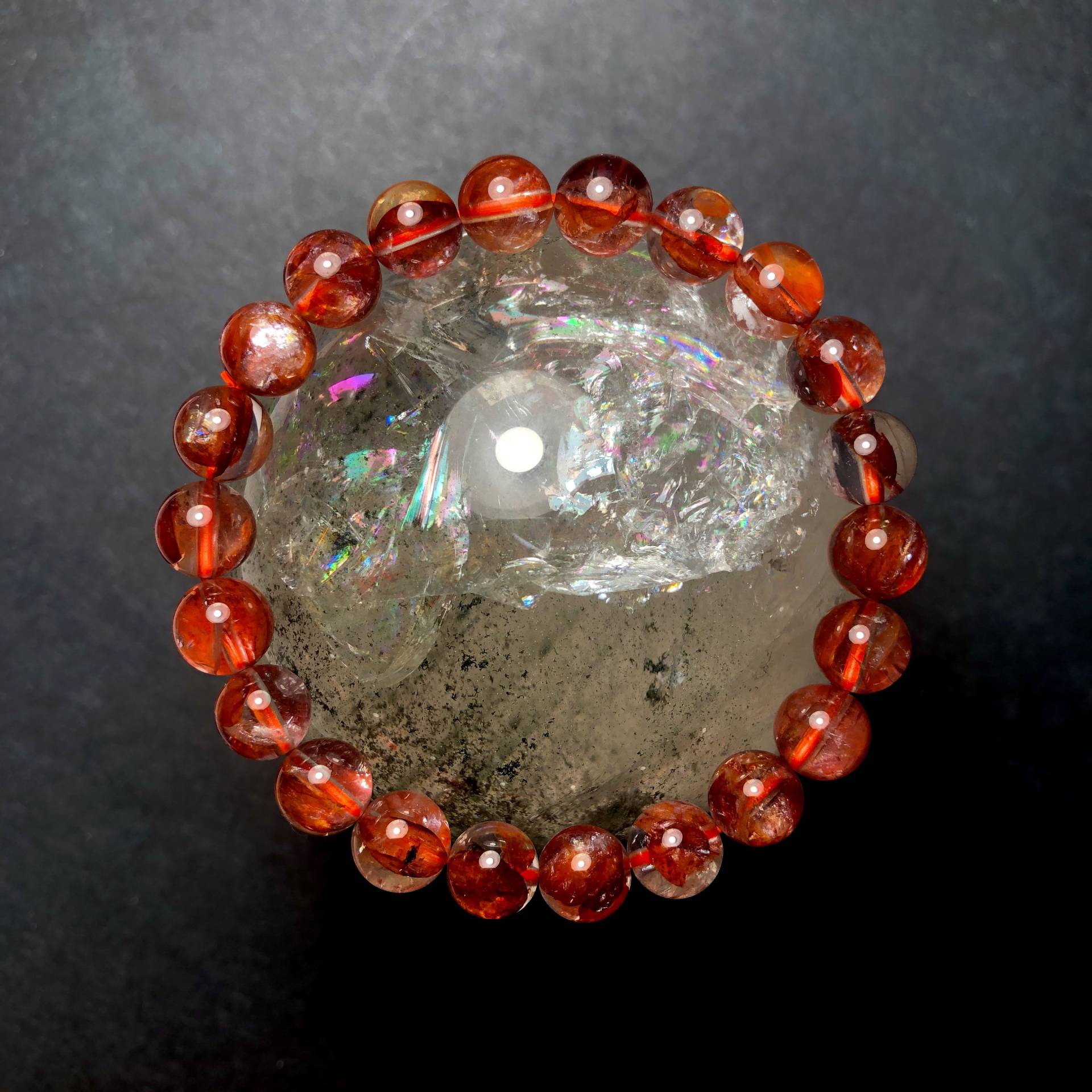 Armband - Unikat Top Tier Roter Hämatoid in Klarquarz 8mm Perlen Naturkristall Mit Regenbogen Einschluss Chakra Heilung von NGNGNCrystal