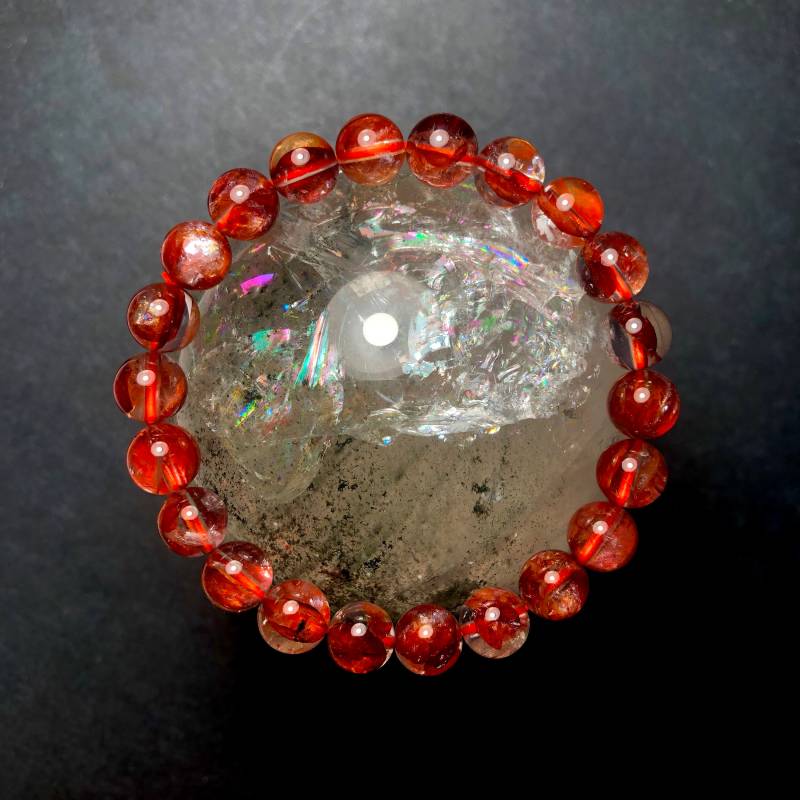 Armband - Unikat Top Tier Roter Hämatoid in Klarquarz 8mm Perlen Naturkristall Mit Regenbogen Einschluss Chakra Heilung von NGNGNCrystal
