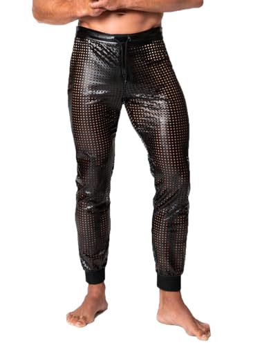 NH Men Schwarze Lange Herren Wetlook Hose perforiert glänzend elastischer Bund mit Schnürung und Reißverschluss Männer Pants 3XL von NH Men