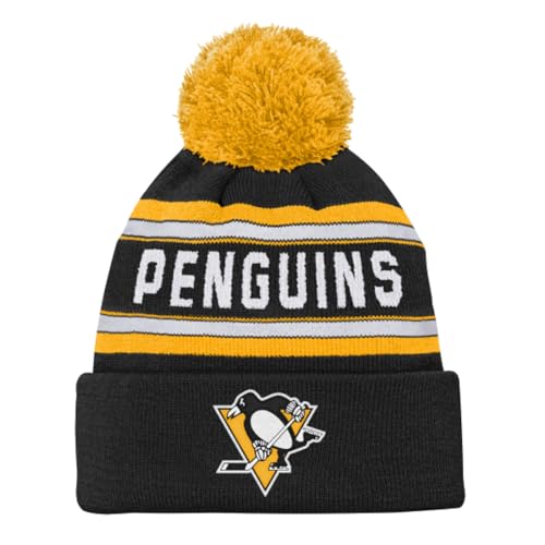 NHL Jacquard Mütze mit Bündchen und Bommel, Junior, Liga-Team-Grafik, Einheitsgröße (DE/NL/SE/PL, Alter, Einheitsgröße, Schwarz, Pittsburgh Penguins) von NHL