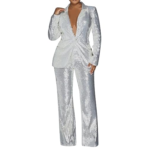 Anzug Damen Elegant 2 Teiler Business Damen-Anzug-Set mit Pailletten 2-teiliges Hosen-Set Reverskragen schmale Passform formelle Anzüge für Damen Pailletten-Sets Yoga Outfit Damen Set​ (White, XXL) von NHNKB