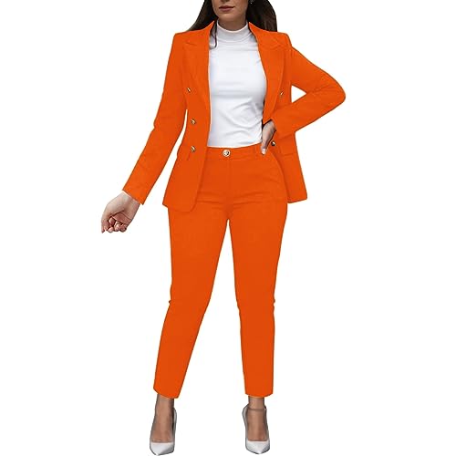 Anzug Damen Elegant 2 Teiler Business Damen Set Kleidung Elegant Damen Anzug Elegant 2 Teilig Schwarz Frauen Solid Langarm Anzug Taschen Hosen Hosen Anzug Outfit Damen Festlich​ (Orange, M) von NHNKB