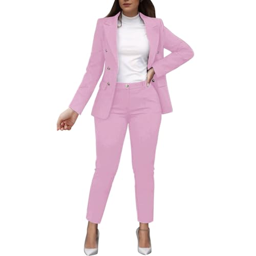 Anzug Damen Elegant 2 Teiler Business Damen Set Kleidung Elegant Damen Anzug Elegant 2 Teilig Schwarz Frauen Solid Langarm Anzug Taschen Hosen Hosen Anzug Outfit Damen Festlich (Rosa, L) von NHNKB