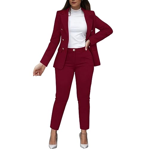 Anzug Damen Elegant 2 Teiler Business Damen Set Kleidung Elegant Damen Anzug Elegant 2 Teilig Schwarz Frauen Solid Langarm Anzug Taschen Hosen Hosen Anzug Outfit Damen Festlich​ (Wine, M) von NHNKB