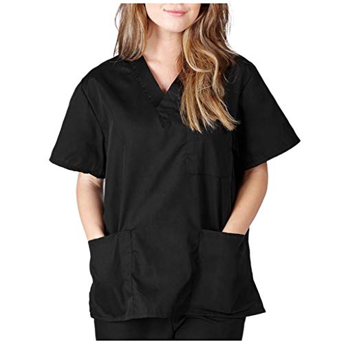 ​Arbeitskleidung Pflege Damen Kasack Tshirt Schwarz Damen mit Taschen Workers V-Ausschnitt Pocket Tops Kurze Damen-T-Shirt-Hülsen-Damenbluse Damen T-Shirt schlank Summer Kurzarm von NHNKB