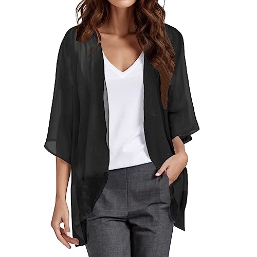 Chiffon Cardigan Damen Kurz Cardigan Boho Weiß Cardigan Weiß Spitze Solide, Elegante Damen-Strickjacke Chiffon mit Puffärmeln, lockere, lässige Blusen-Tops Strickjacke Damen Mit Knöpfen​ (Black, XL) von NHNKB