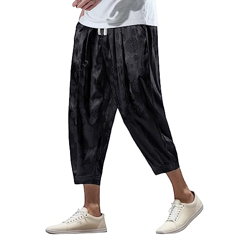 Chinesische Hose Herren Satin Hose Herren Schwarz Herren Sommer Kleidung EIS Seide Dunkle Hosen Mens Fashion Lose Strand Hosen Retro Rettich Hosen Männer. Herren Lange Sporthose​ (Black, L) von NHNKB