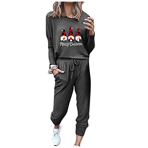 Damen Casual Home Pyjama Sets Frohe Weihnachten Print Langarm Rundhals Hosenanzug Damen Casual Set er Anzug (Dark Gray, XL) von NHNKB