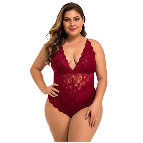 Dessous Für Mollige Damen Sexy Reizwäsche Für Sex Damen Jumpsuit Spitze body-Anzüge Damenunterwäsche Größe Plus V-Ausschnitt reizvolle Frauen ohne Rückenlehne Valentinstag Dessous Rot​ (Wine, XXXL) von NHNKB