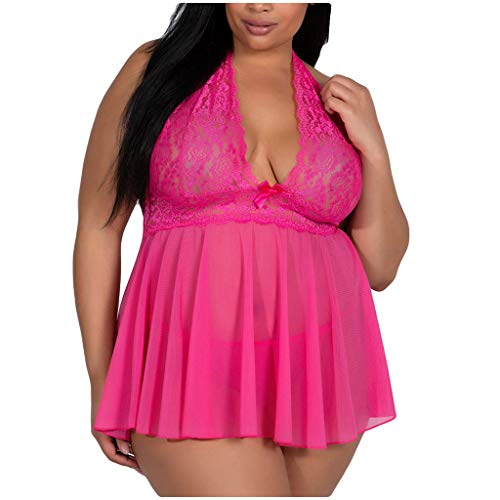 Dessous Für Mollige Damen Sexy Reizwäsche Für Sex Damen Mollig Unten Offen Frauen Spitze Unterwäsche Bowknot Schlafanziehung Spitzenkleid G-string-Nachtkleid Dessous Krankenschwester​ (Hot Pink, XXXL) von NHNKB