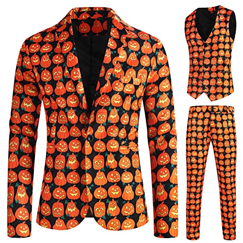 Halloween Anzug Herren Anzug Herren Kürbis Anzug Herren Schwarz Regular Fit Herrenmode lässig dreiteiliger Anzug Bedruckte Jacke Hosenanzug weicher bequemer Mantel Hose dreiteiliges Anzug (A, XL) von NHNKB