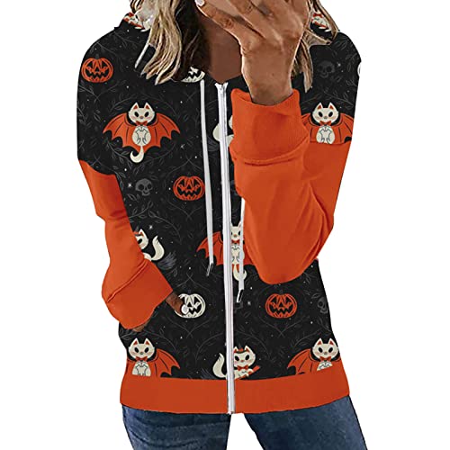 Halloween Kostüm Damen Fledermaus Kürbis Oberteil Damen Halloween Pullover Kürbis Sweatshirt Jacke Damen Kurz Sweatshirt Halloween-Kollektion Print Zip Hoodie Cardigan Jacket Damenjacke (Black, XL) von NHNKB