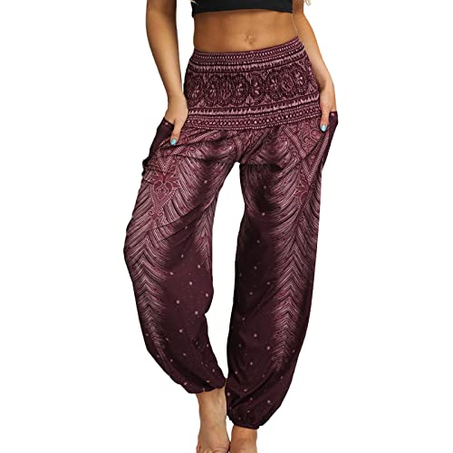 Haremshose Damen Sommer Leicht Yoga Hose Damen Locker Damenhose, Feder-Digitaldruck, lässige Leggings für Damen, Yoga-Tanzhose, leichte und atmungsaktive Sporthose Elegante Damen (Wine, One Size) von NHNKB