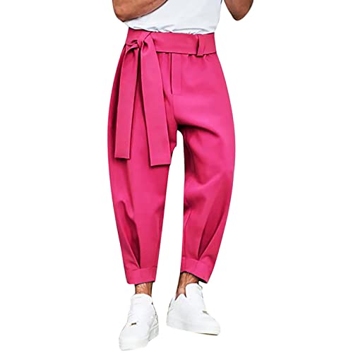 Haremshose Herren Sommer Dünn Herren Haremshose Schwarz Vielseitige und herbstliche Hosen Neun-Punkt-Design mit Bindebeinen, lässige Farbe, Winterhose Herrenhose Hose Herren Business​ (Pink, XL) von NHNKB